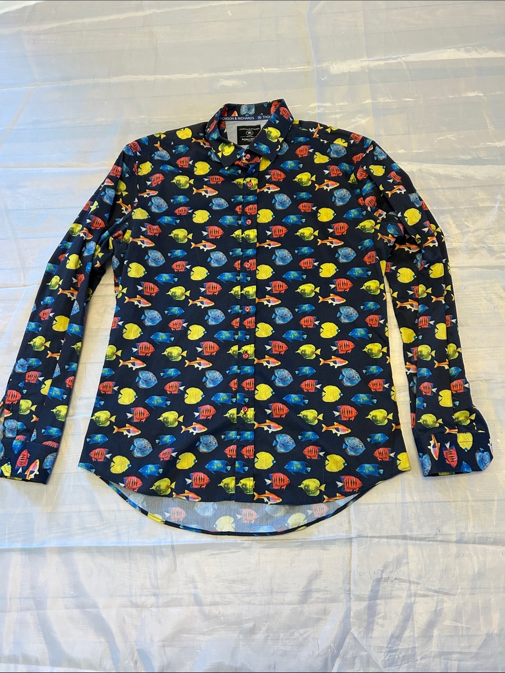 Men's Printed Long-Sleeve Button-Down Shirt in Navy with Colorful Fish Motif